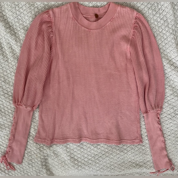 NWT Free People Tasha One Top Pink Waffle Knit Laceup Long Puff Sleeves SZ:M-L - Picture 13 of 13